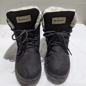 Merence Women's Lace Up Black Boots Faux Suede Faux Fur Lining Size 8.5W/EU 41